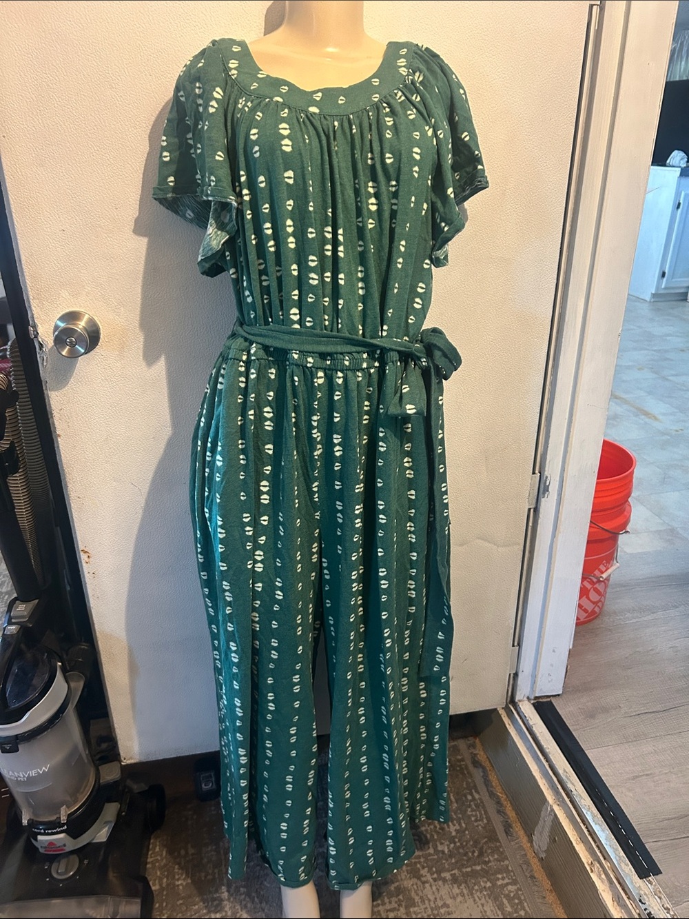 Lane Bryant Teal Green Printed Wide-Leg Jumpsuit with Tie Belt